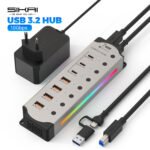 Aluminum Powered USB Hub 10Gbps USB-A USB-C 3.2 7Ports USB C Hub Individual On/Off Switches 12V Power Adapter for Laptop PC