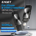 Eaget USB Flash Drive MFi Lighting to USB 3.2 Pendrive 64GB 128GB 256GB 1TBUSB Memories Stick for IPhone IPad PC Phones Laptops