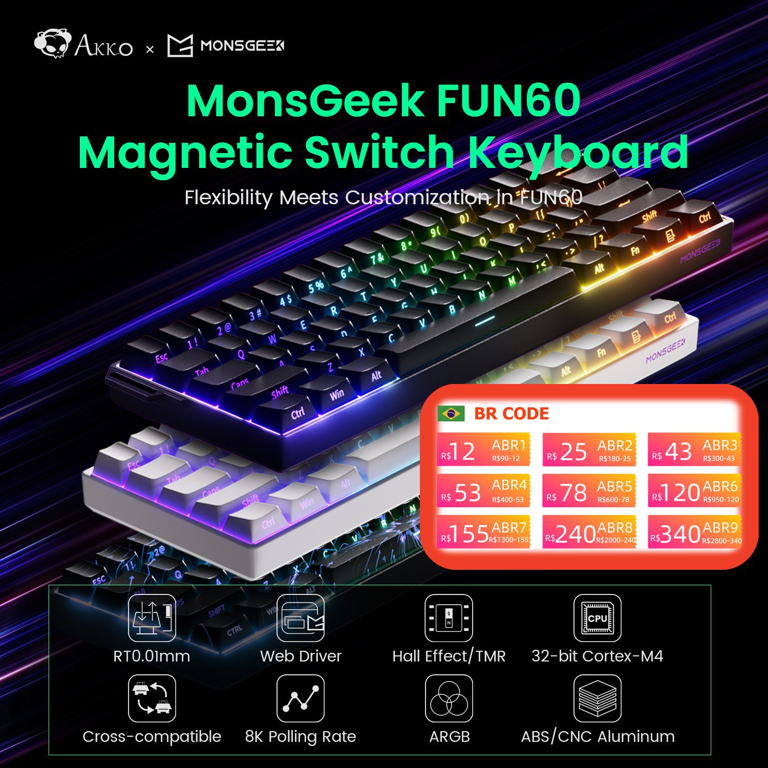 6a0335660136abf30bd4b4e6c828f2b875691b8a130d9de8990b7.jpg Akko MonsGeek FUN60 Mechanical Keyboard Magnetic Switch 60% Gaming Keyboards Rapid Trigger 0.01mm 8K ARGB HE/TMR Custom Keyboard - Image 1