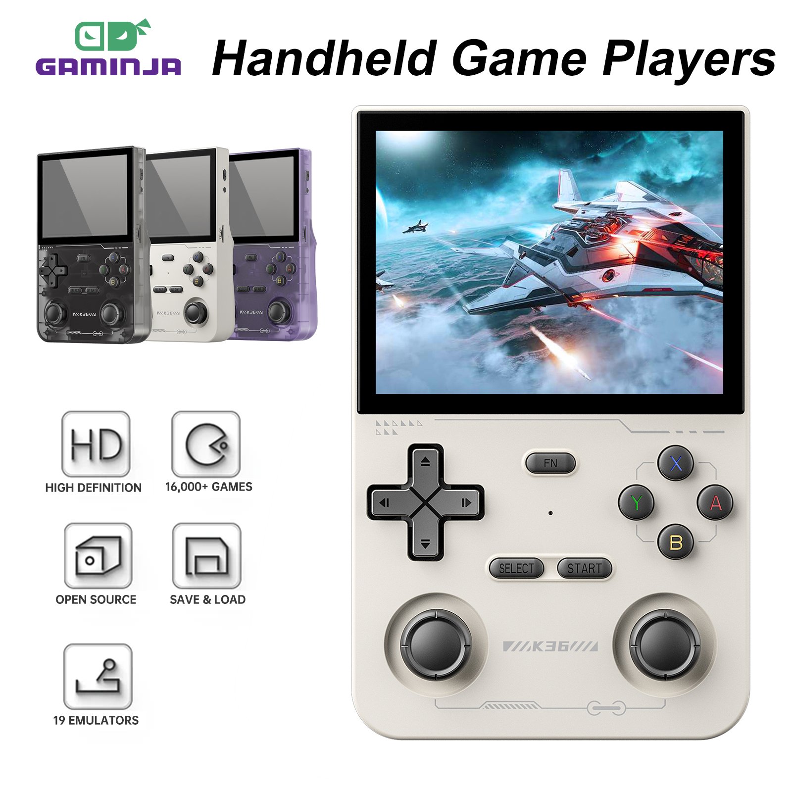 6a054e97c043473fd9ebdada7183c9ed2c1673b8dc371f3ed3634.jpg GAMINJA K36 Handheld Game Console 3.5Inch IPS 640x480 Screen Built in 64GB Simulator Games Games Portable Handheld Game Console - Image 1